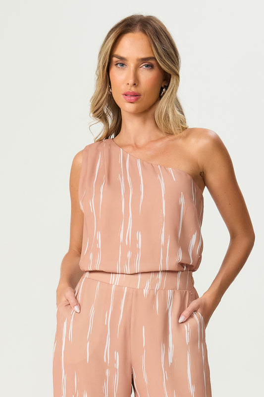Blusa estampada assimétrica bege Fato Básico