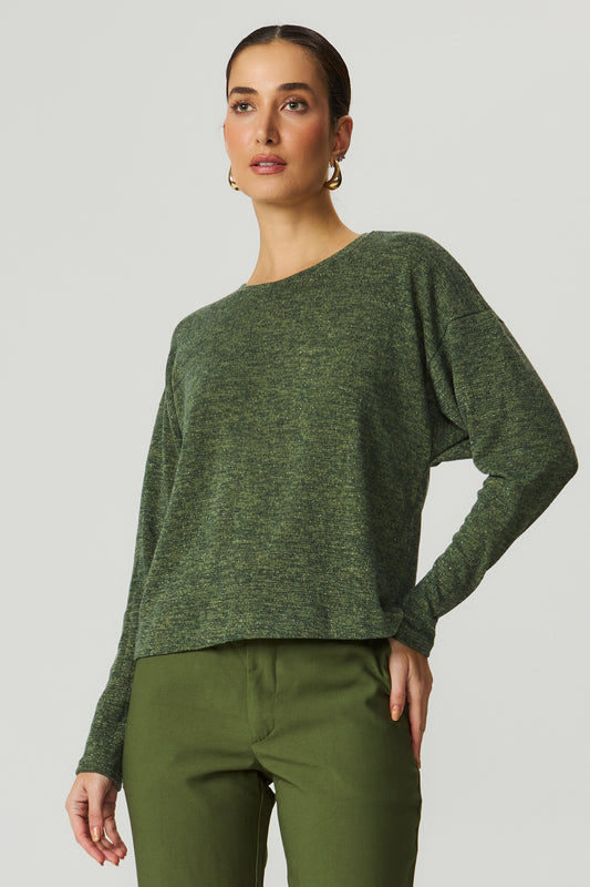 Blusa manga longa trico lurex verde oliva Fato Básico