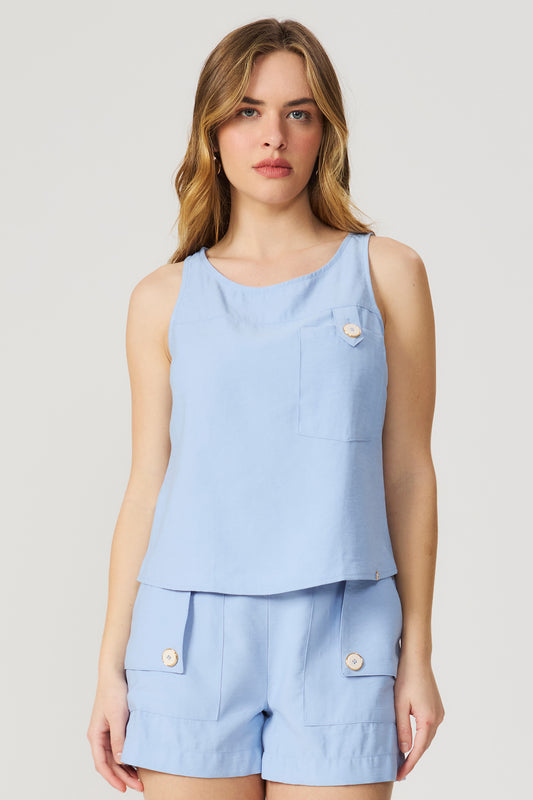 Blusa regata azul com bolso frontal Fato Básico