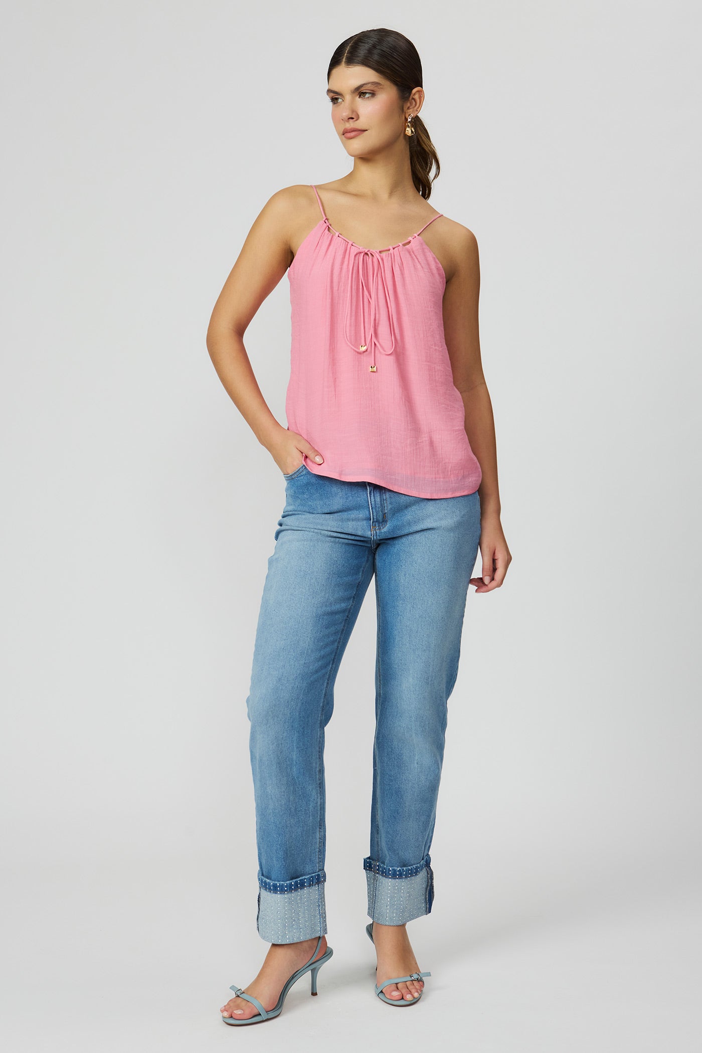 Blusa rosa de alças femininas em viscose Fato Básico