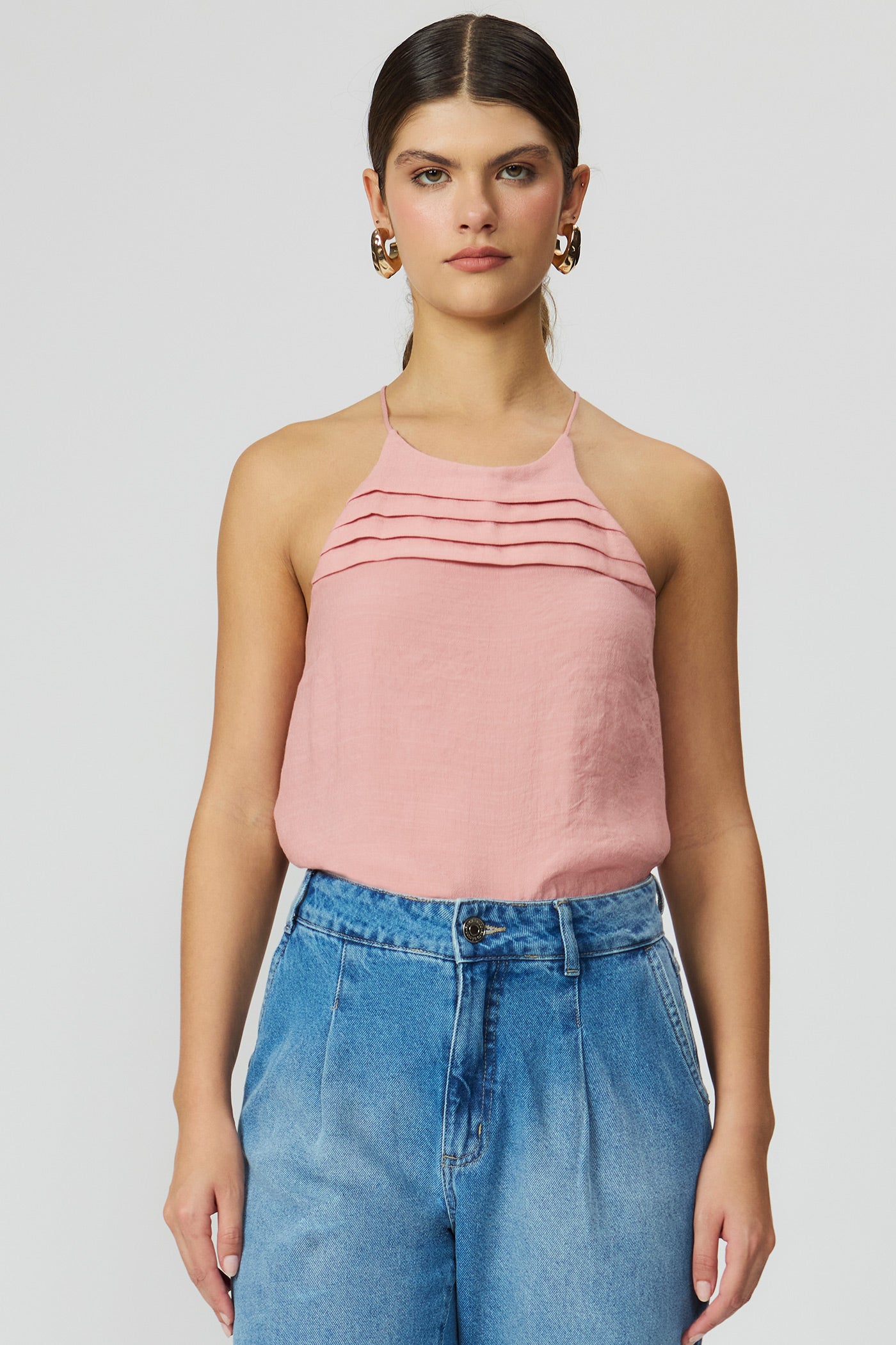 Blusa rosa de alça com detalhe tomas Fato Básico