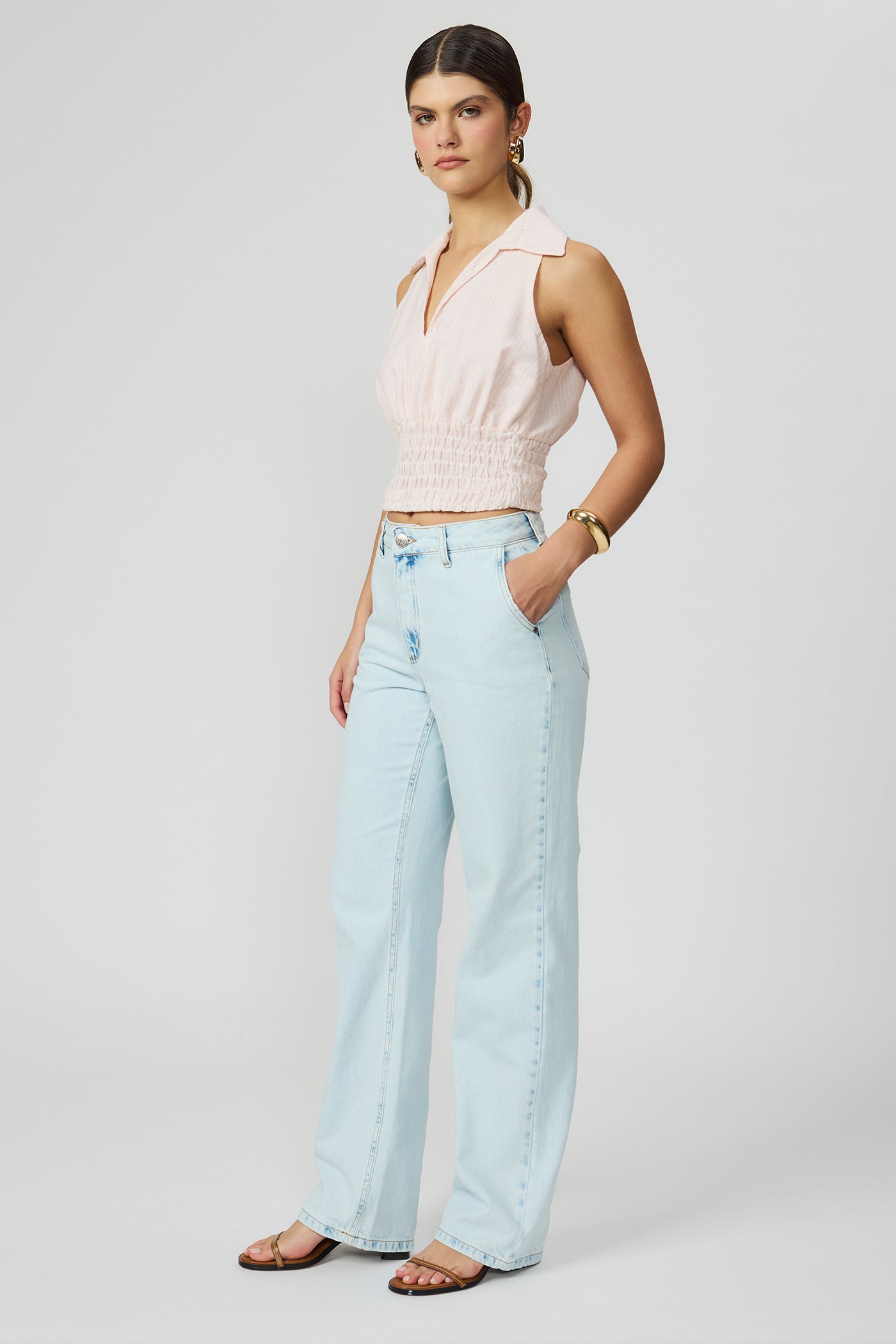 Blusa listrada rosa com lastex feminina Fato Básico