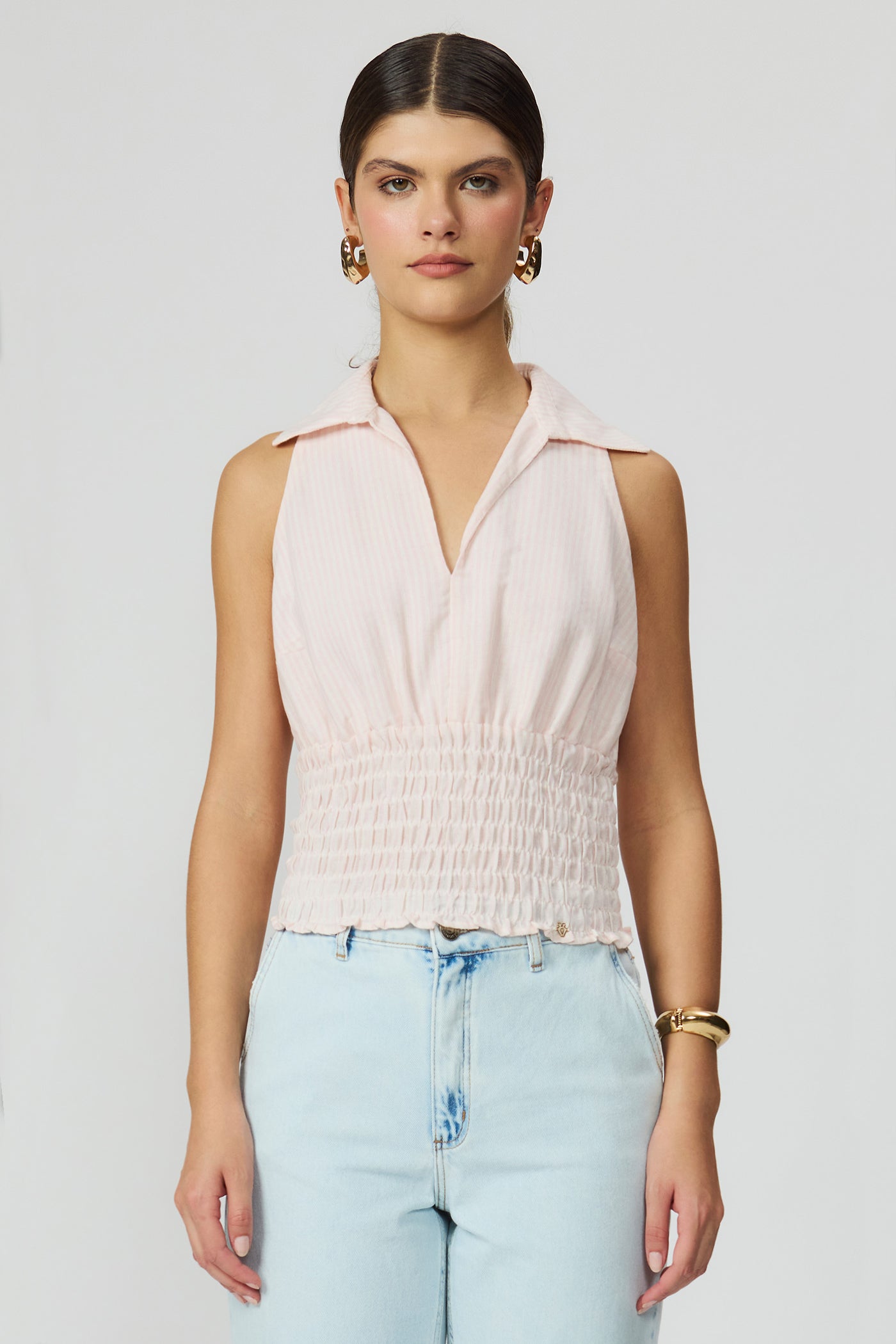 Blusa listrada rosa com lastex feminina Fato Básico