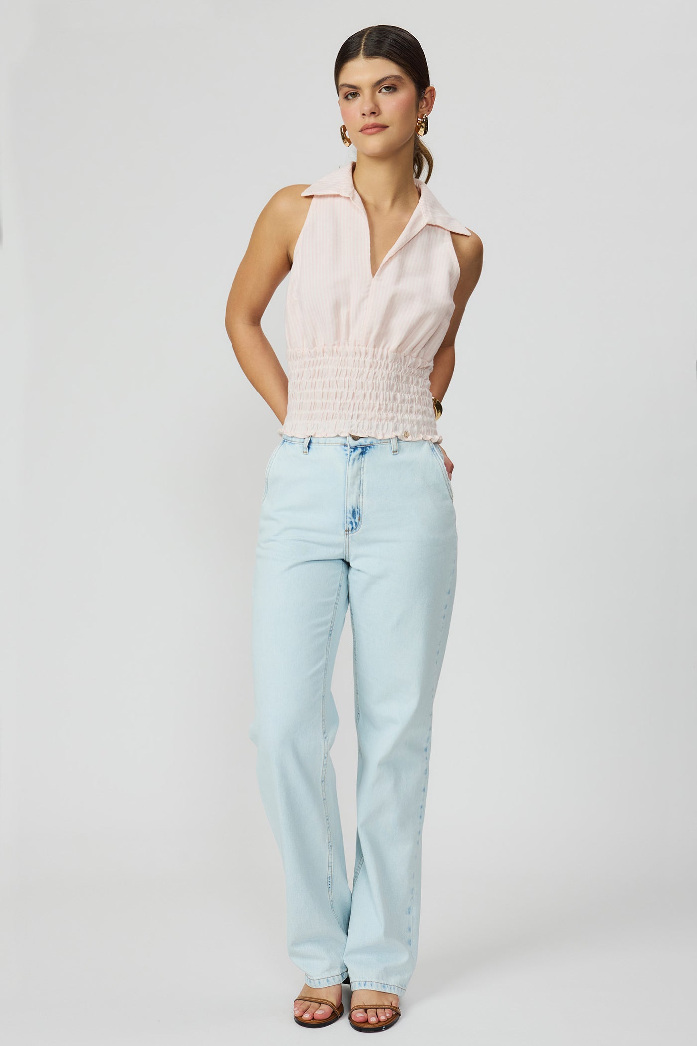 Blusa listrada rosa com lastex feminina Fato Básico