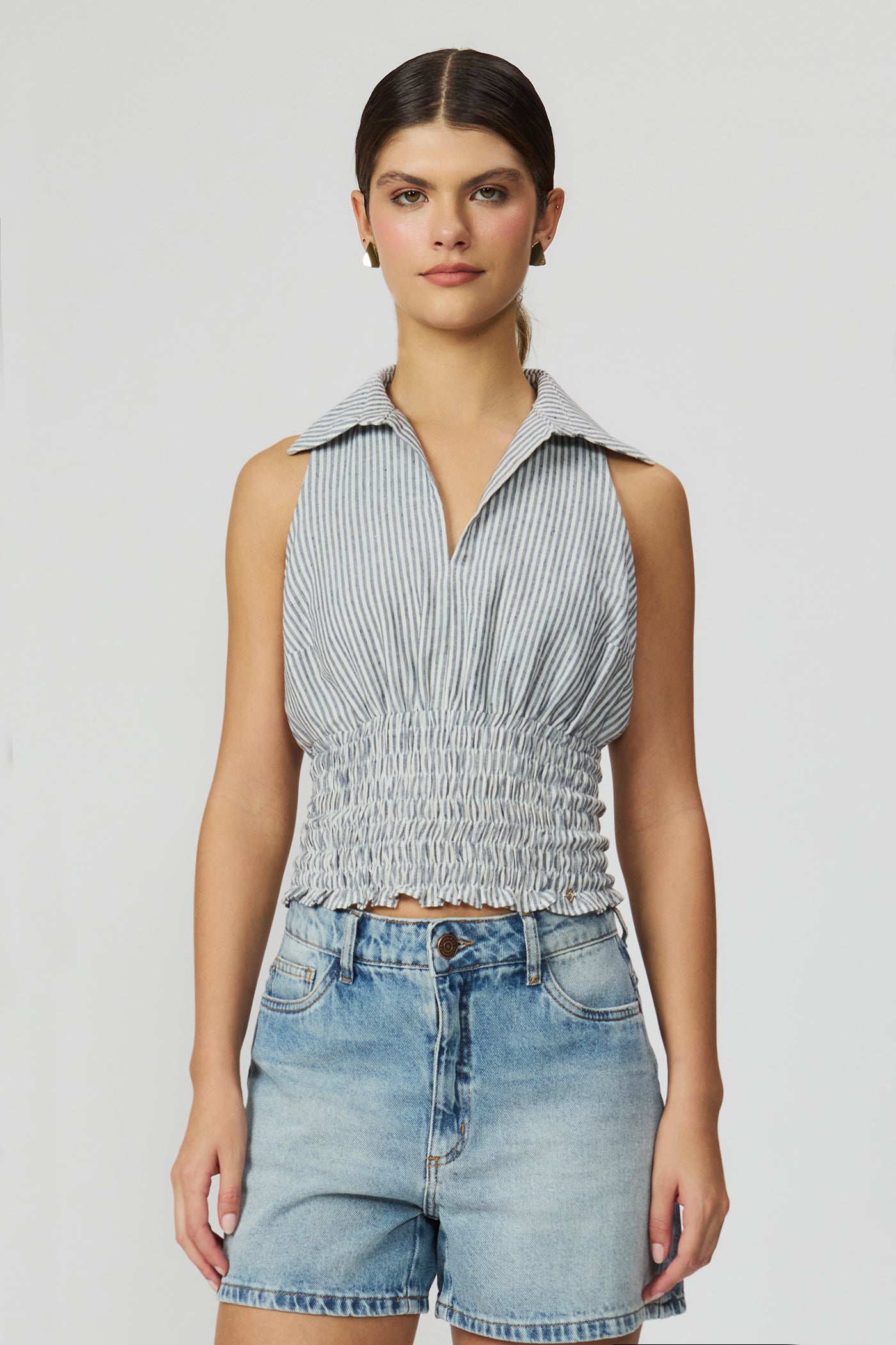 Blusa listrada rosa com lastex feminina Fato Básico