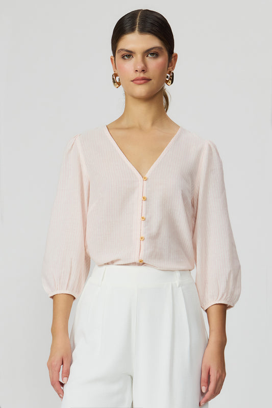Blusa listrada rosa feminina manga 3/4 Fato Básico