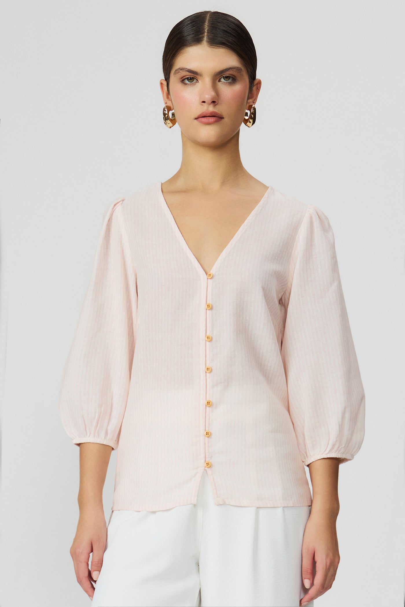 Blusa listrada rosa feminina manga 3/4 Fato Básico