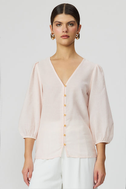 Blusa listrada rosa feminina manga 3/4 Fato Básico