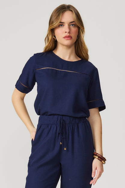 Blusa linho com entremeio marinho Fato Básico