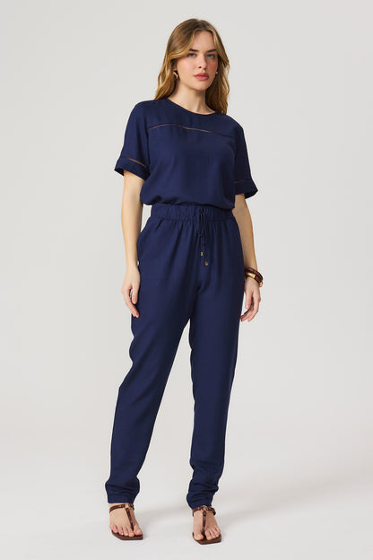 Blusa linho com entremeio marinho Fato Básico