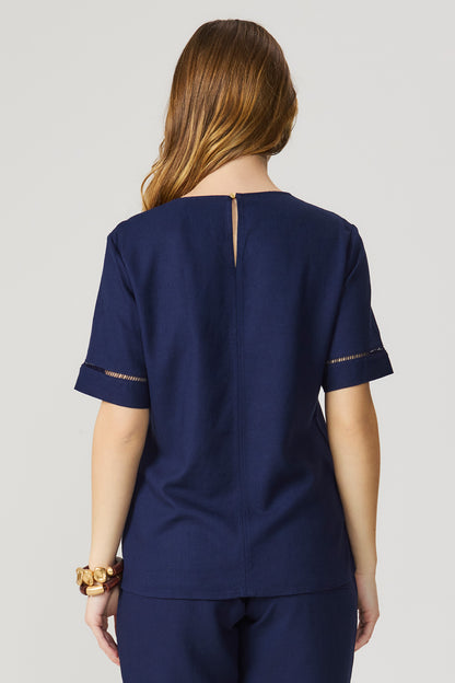 Blusa linho com entremeio marinho Fato Básico