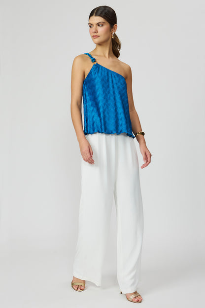 Blusa plissada azul ombro só feminina Fato Básico