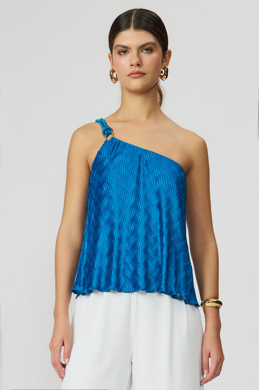 Blusa plissada azul ombro só feminina Fato Básico