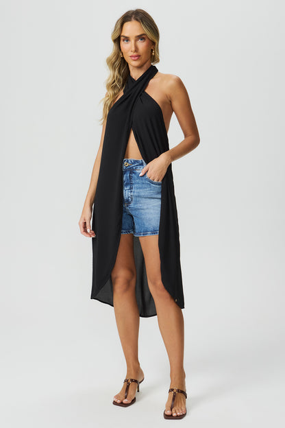 Blusa frente única alongada preta Fato Básico