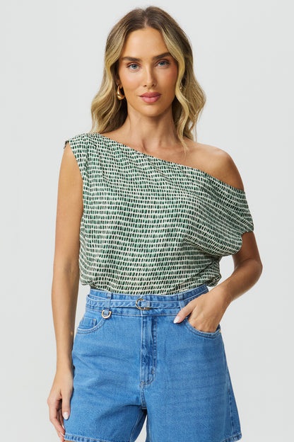 Blusa estampada ombro assimétrico verde Fato Básico