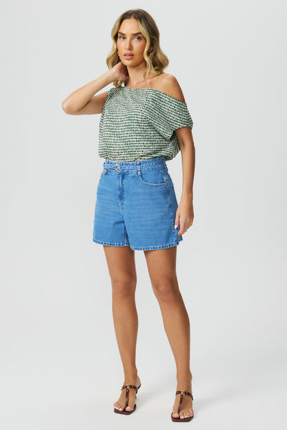 Blusa estampada ombro assimétrico verde Fato Básico