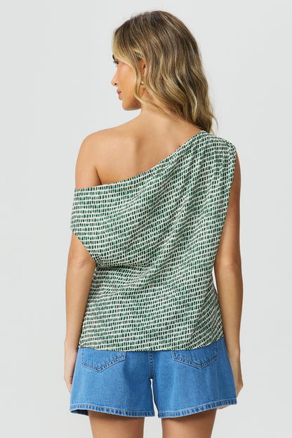 Blusa estampada ombro assimétrico verde Fato Básico