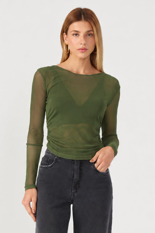 Blusa de tule drapeado lateral verde oliva Fato Básico
