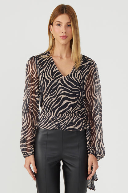 Blusa estampada com amarração preto Fato Básico