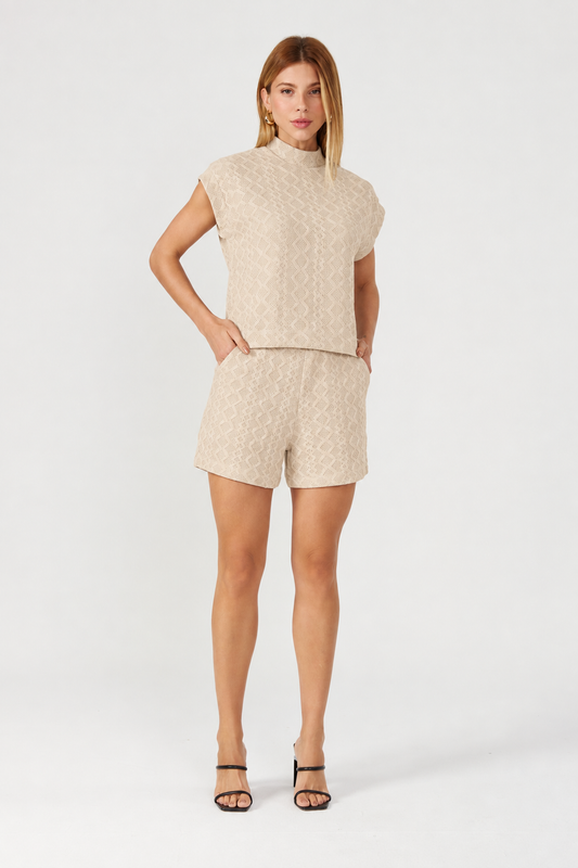 Blusa textura tricot manga curta bege Fato Básico