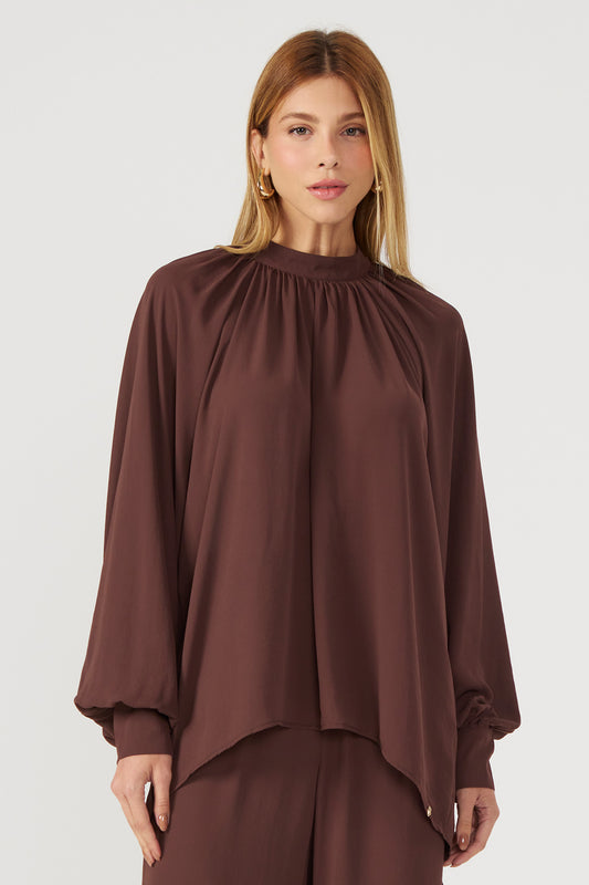 Blusa mullet manga ampla marrom Fato Básico