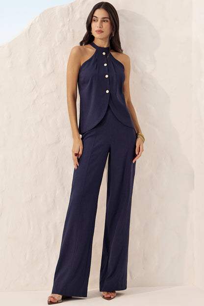 Blusa linho botões azul marinho Fato Básico
