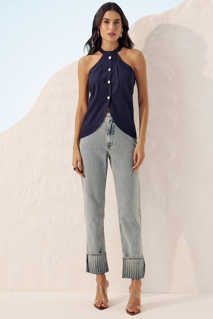 Blusa linho botões azul marinho Fato Básico