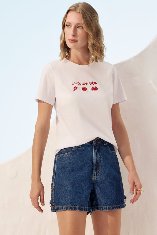 Camiseta t-shirt bordado marítimo branca Fato Básico