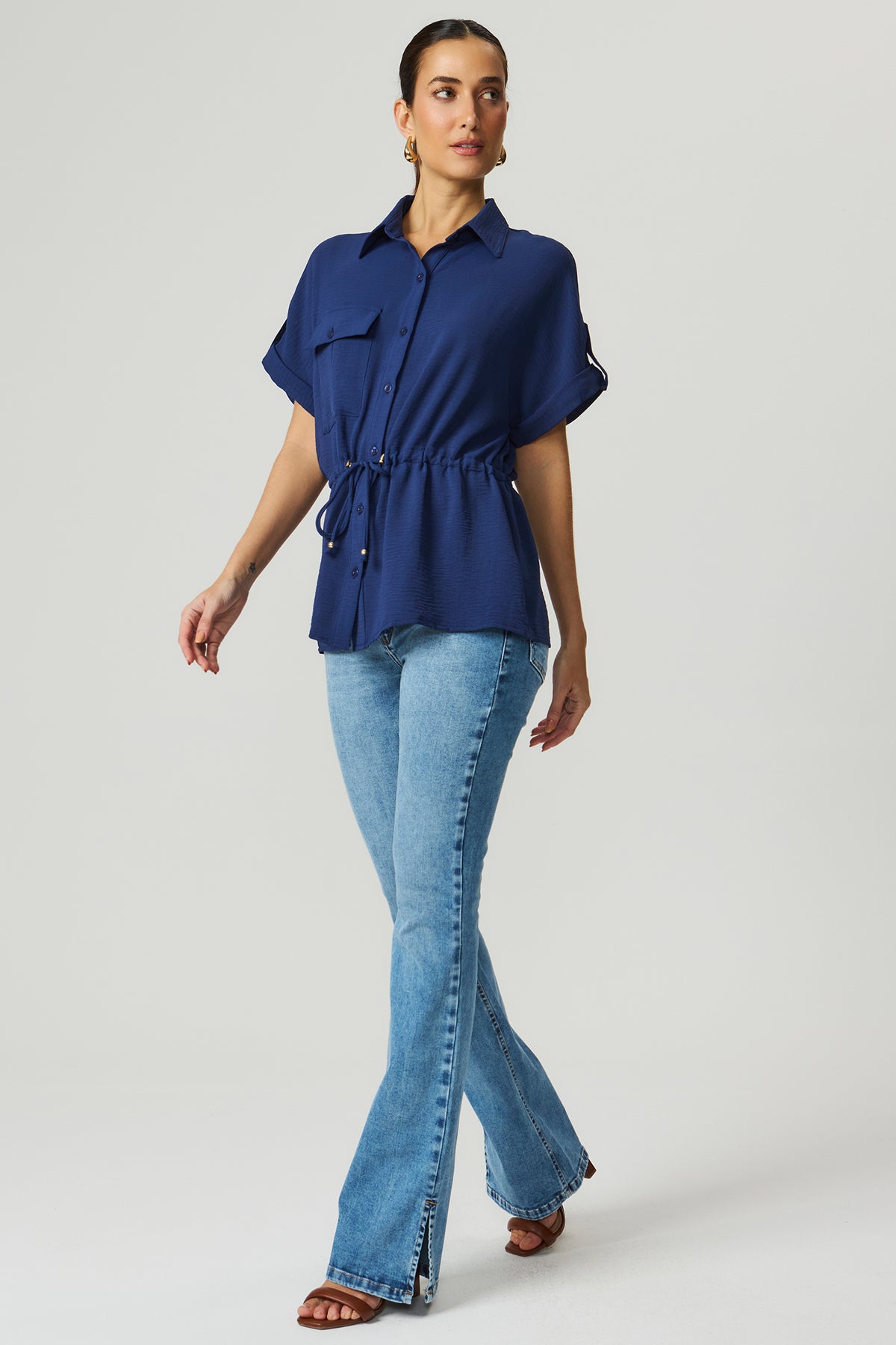 Camisa ampla elástico cintura azul marinho Fato Básico