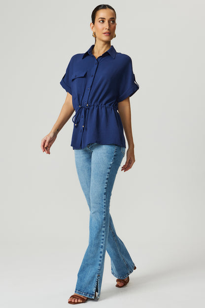 Camisa ampla elástico cintura azul marinho Fato Básico