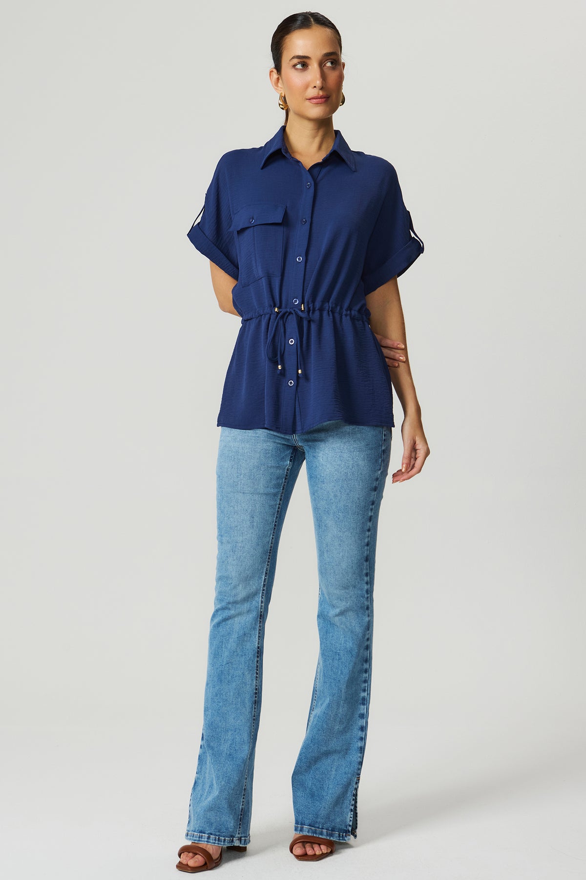 Camisa ampla elástico cintura azul marinho Fato Básico