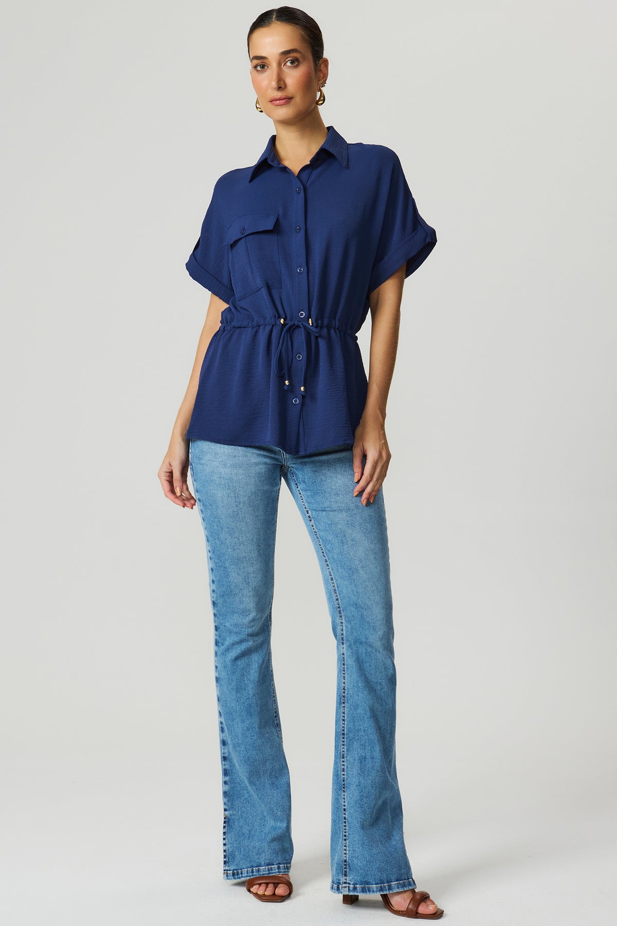 Camisa ampla elástico cintura azul marinho Fato Básico