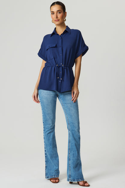 Camisa ampla elástico cintura azul marinho Fato Básico