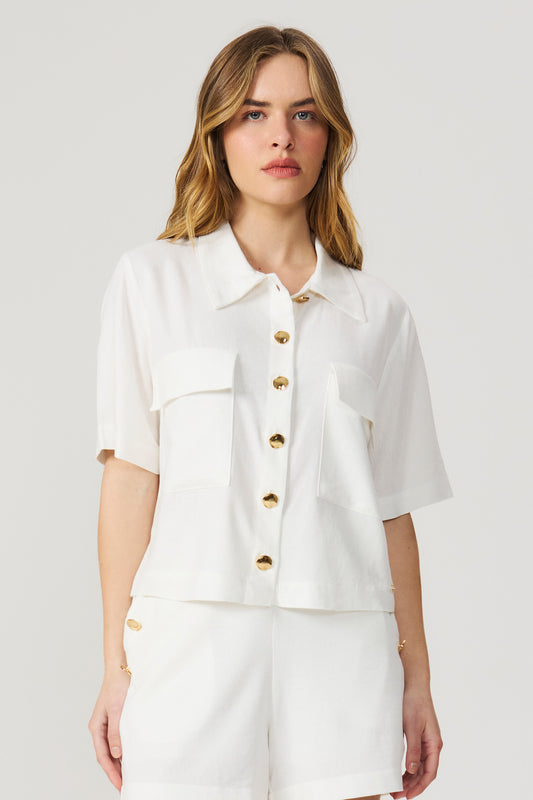 Camisa de linho off white com botões dourados Fato Básico