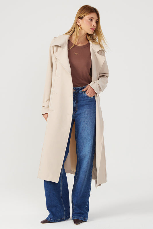Casaco Trench coat alongado bege Fato Básico