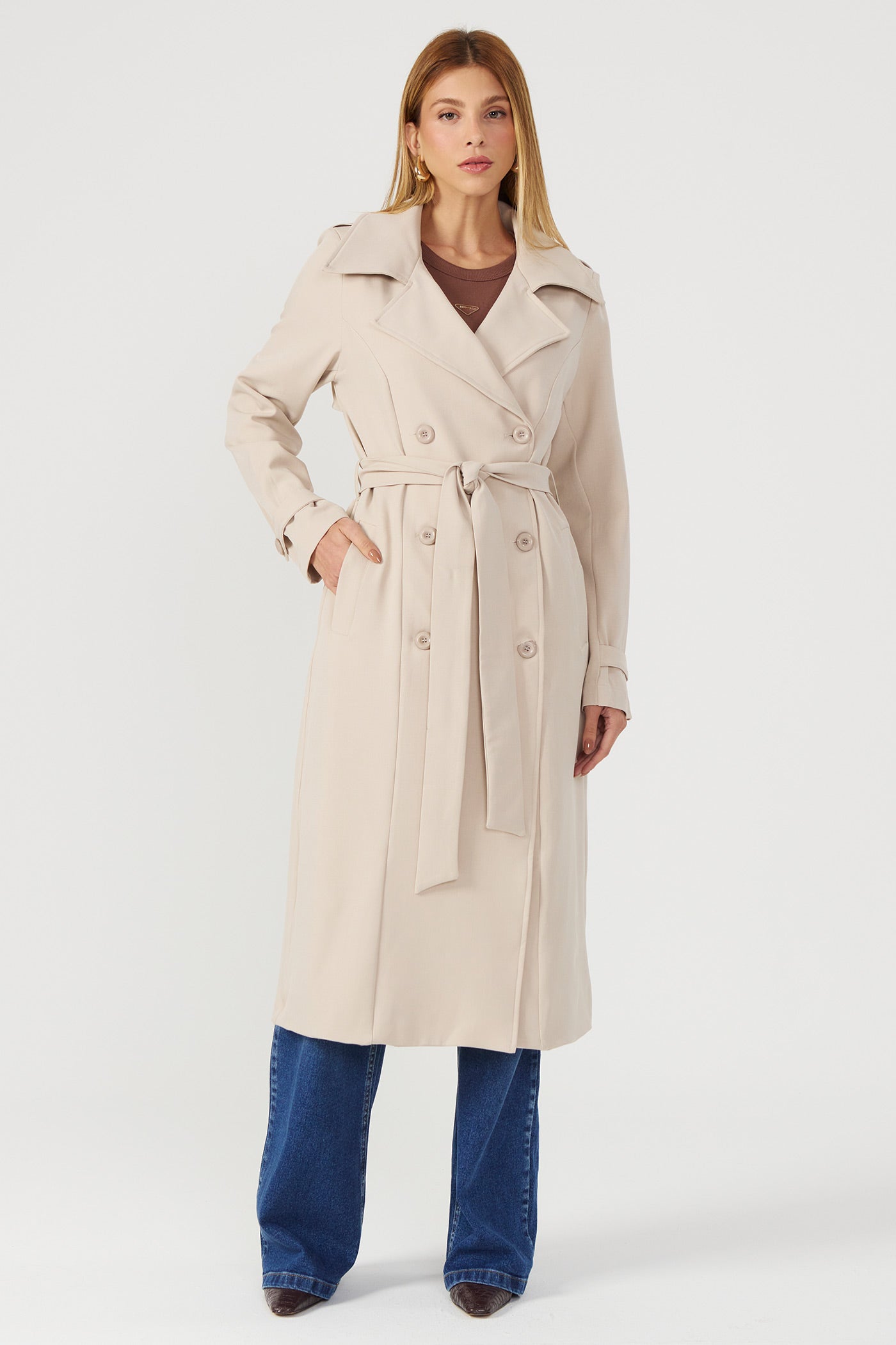 Casaco Trench coat alongado bege Fato Básico