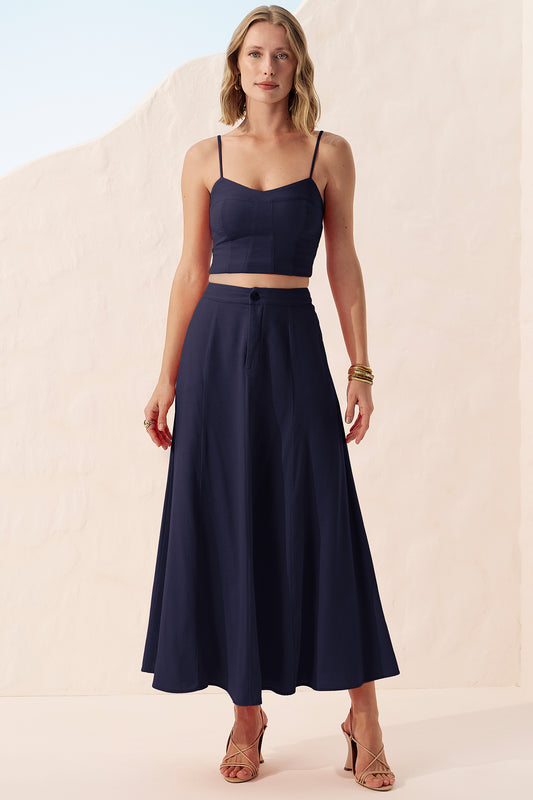 Saia longa recortes linho azul marinho Fato Básico