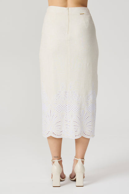 Saia midi linho bordado