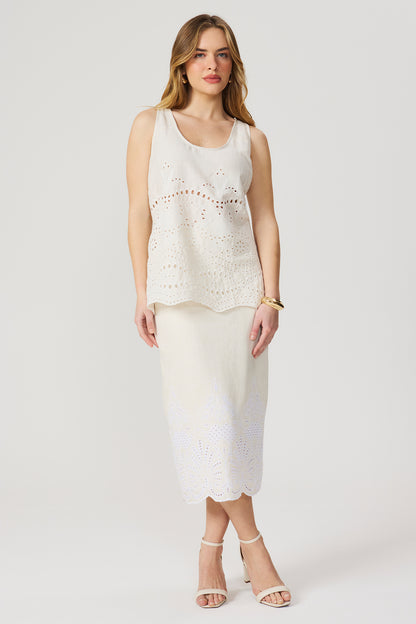 Saia midi linho bordado