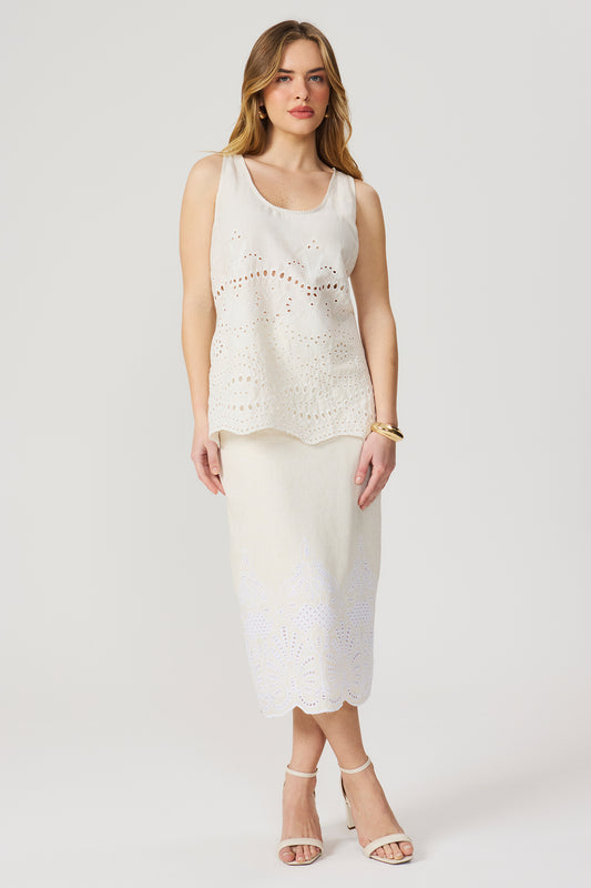 Saia midi linho bordado