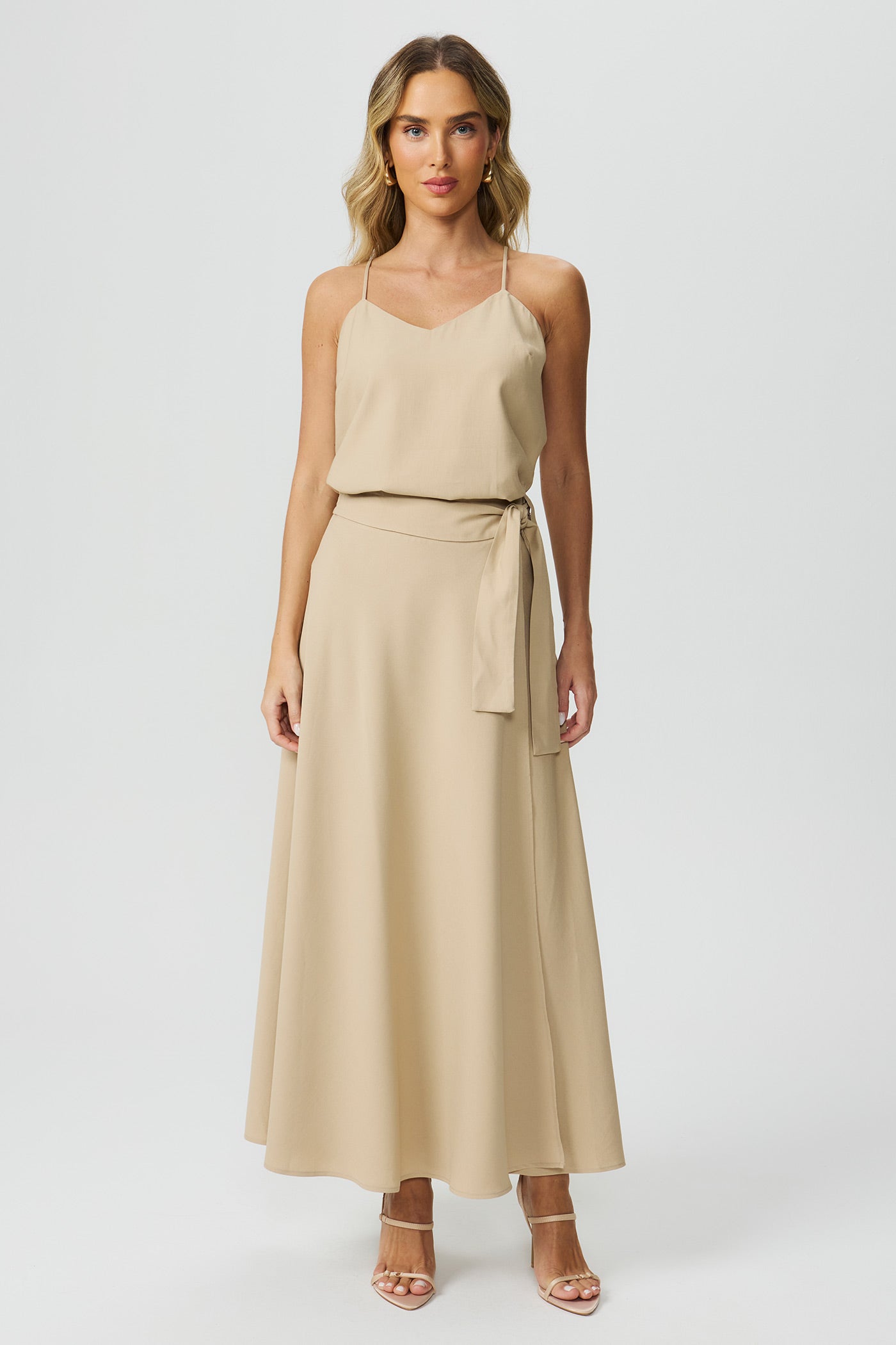 Saia midi transpassada bege Fato Básico