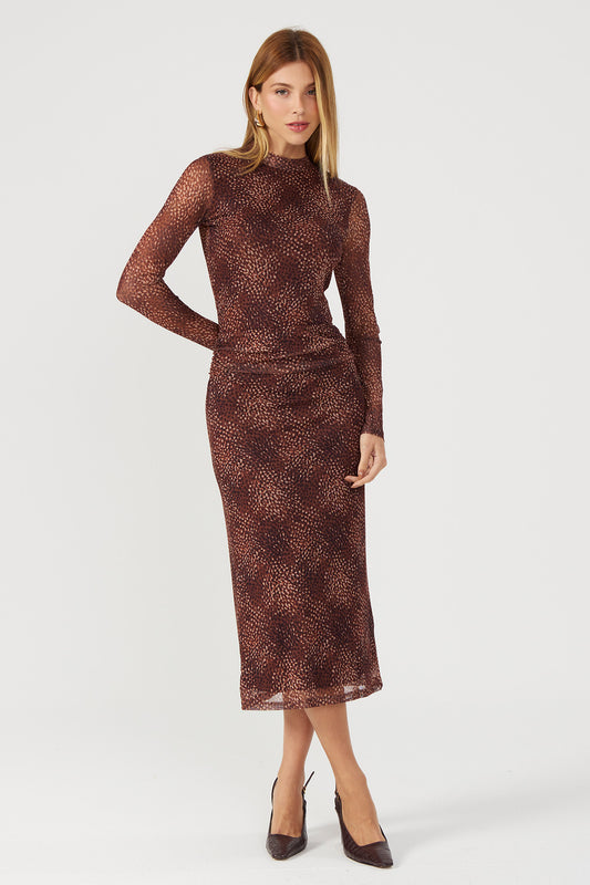 Saia midi tule estampada marrom Fato Básico