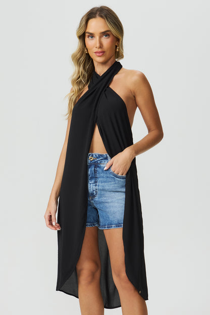 Blusa alongada frente única Preta Fato Básico