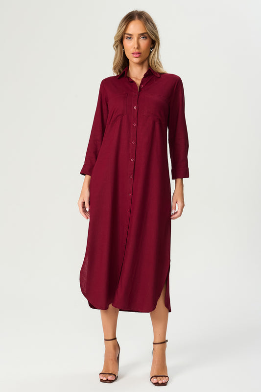 Vestido chemise manga 3/4 vinho Fato Básico