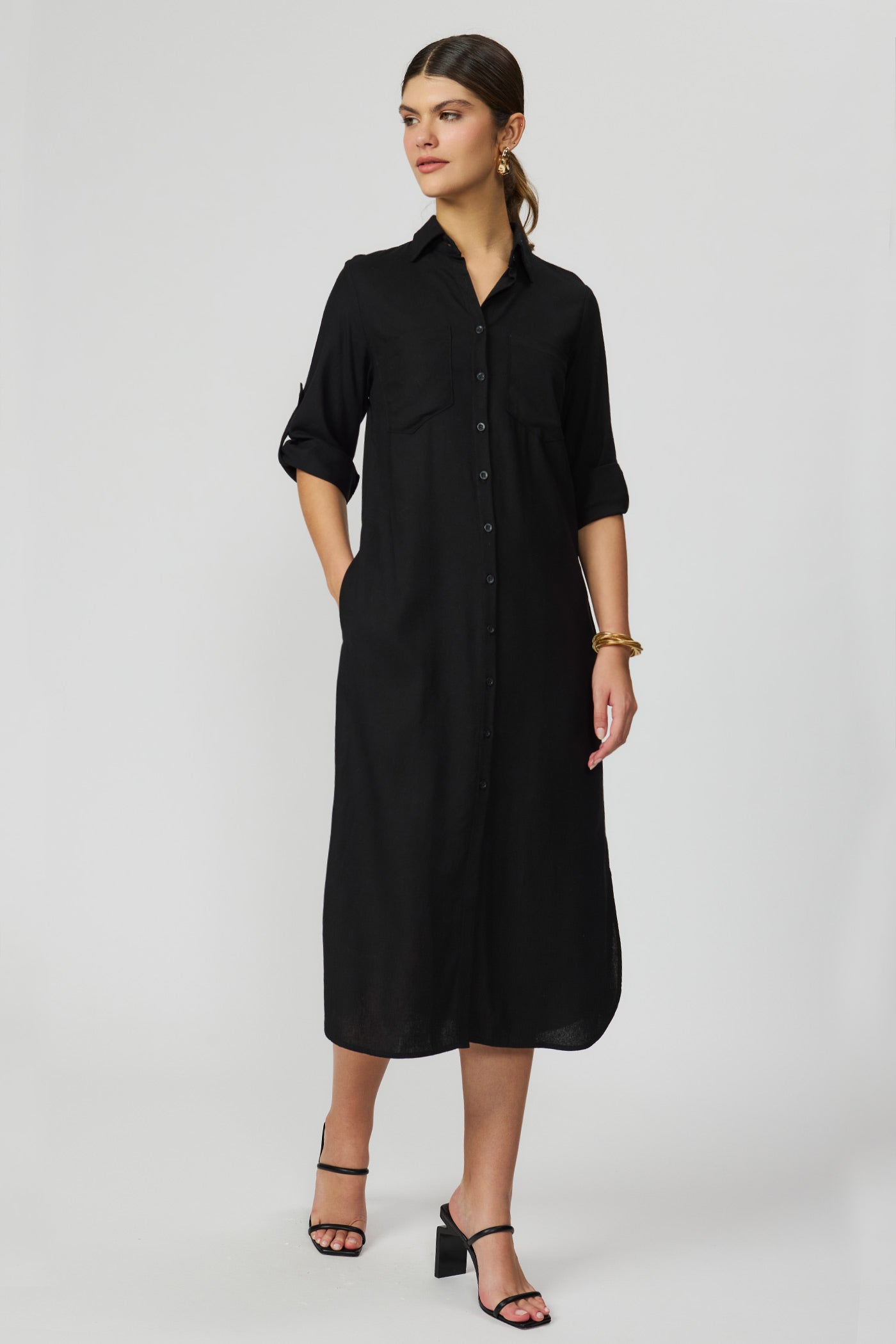 Vestido chemise preto mídi em linho feminino Fato Básico