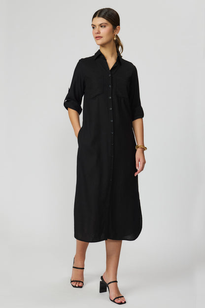 Vestido chemise preto mídi em linho feminino Fato Básico