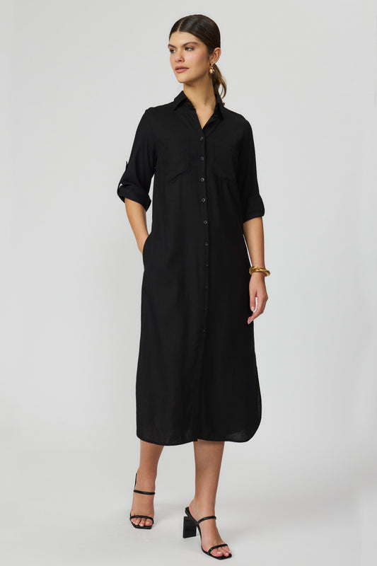 Vestido chemise preto mídi em linho feminino Fato Básico