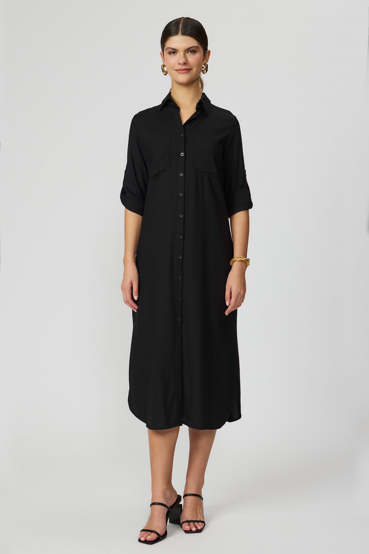 Vestido chemise preto mídi em linho feminino Fato Básico