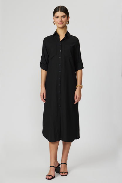 Vestido chemise preto mídi em linho feminino Fato Básico