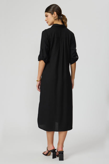 Vestido chemise preto mídi em linho feminino Fato Básico
